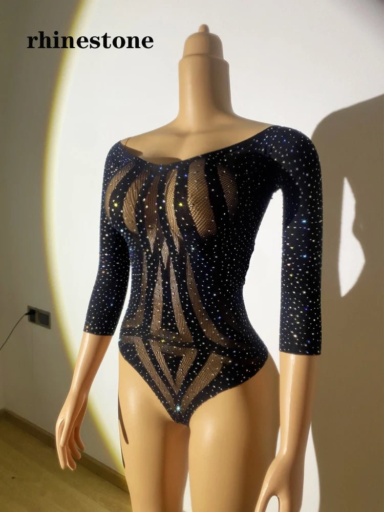 Women See Through Body Stockings Mesh Long Sleeves Costumes Fishnet Rhinestones Lingerie Sexy Bodysuit - Cozy & Co. Market