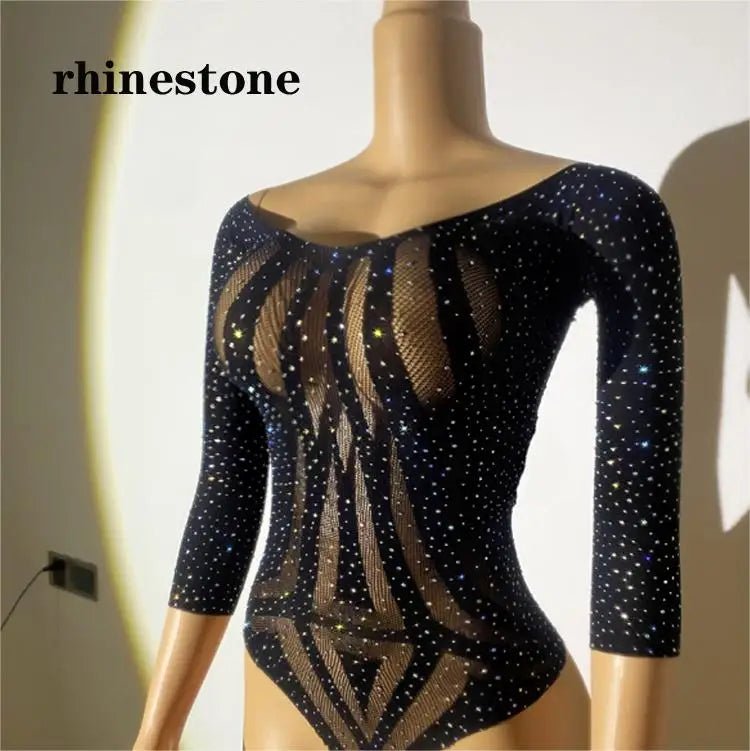 Women See Through Body Stockings Mesh Long Sleeves Costumes Fishnet Rhinestones Lingerie Sexy Bodysuit - Cozy & Co. Market