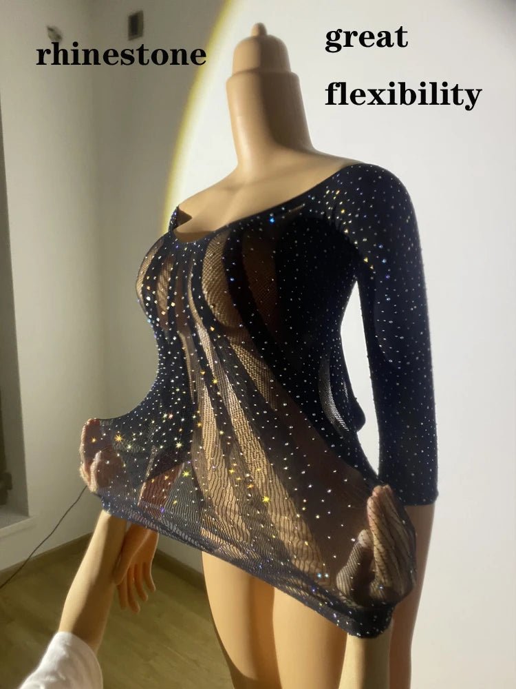 Women See Through Body Stockings Mesh Long Sleeves Costumes Fishnet Rhinestones Lingerie Sexy Bodysuit - Cozy & Co. Market