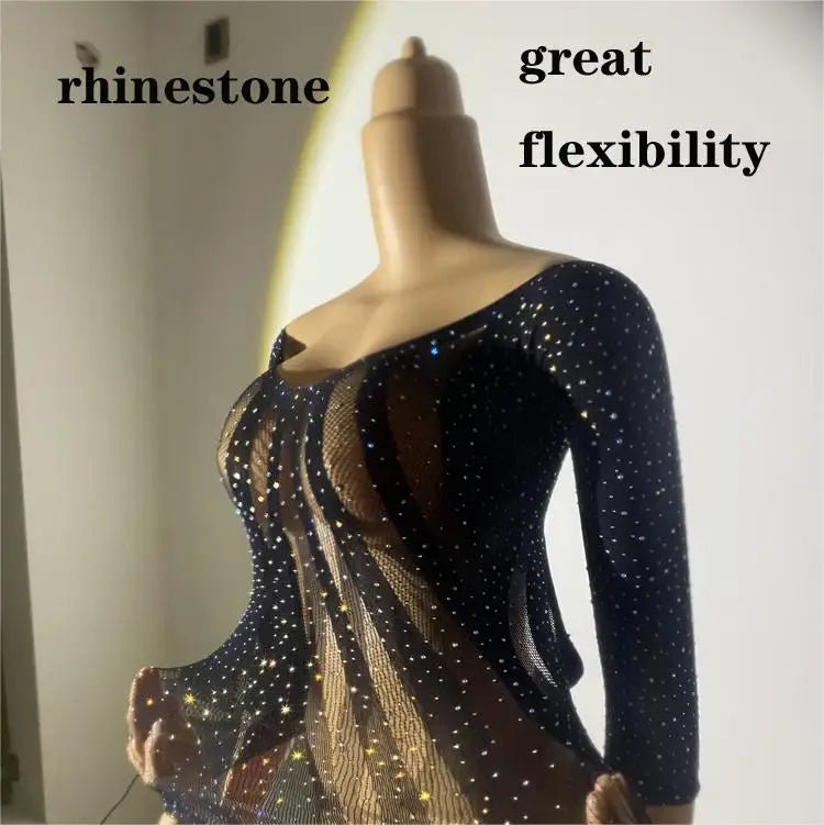 Women See Through Body Stockings Mesh Long Sleeves Costumes Fishnet Rhinestones Lingerie Sexy Bodysuit - Cozy & Co. Market