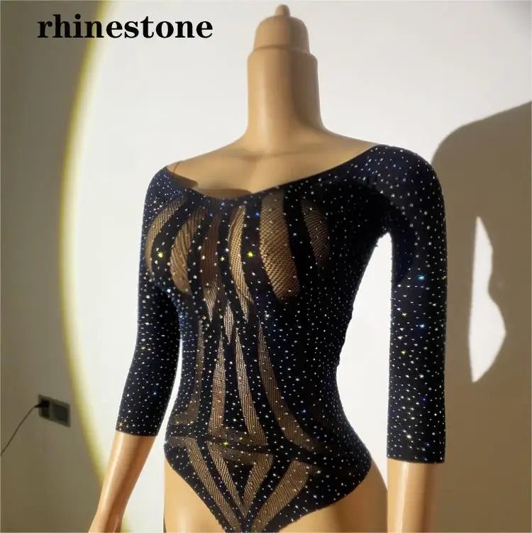 Women See Through Body Stockings Mesh Long Sleeves Costumes Fishnet Rhinestones Lingerie Sexy Bodysuit - Cozy & Co. Market