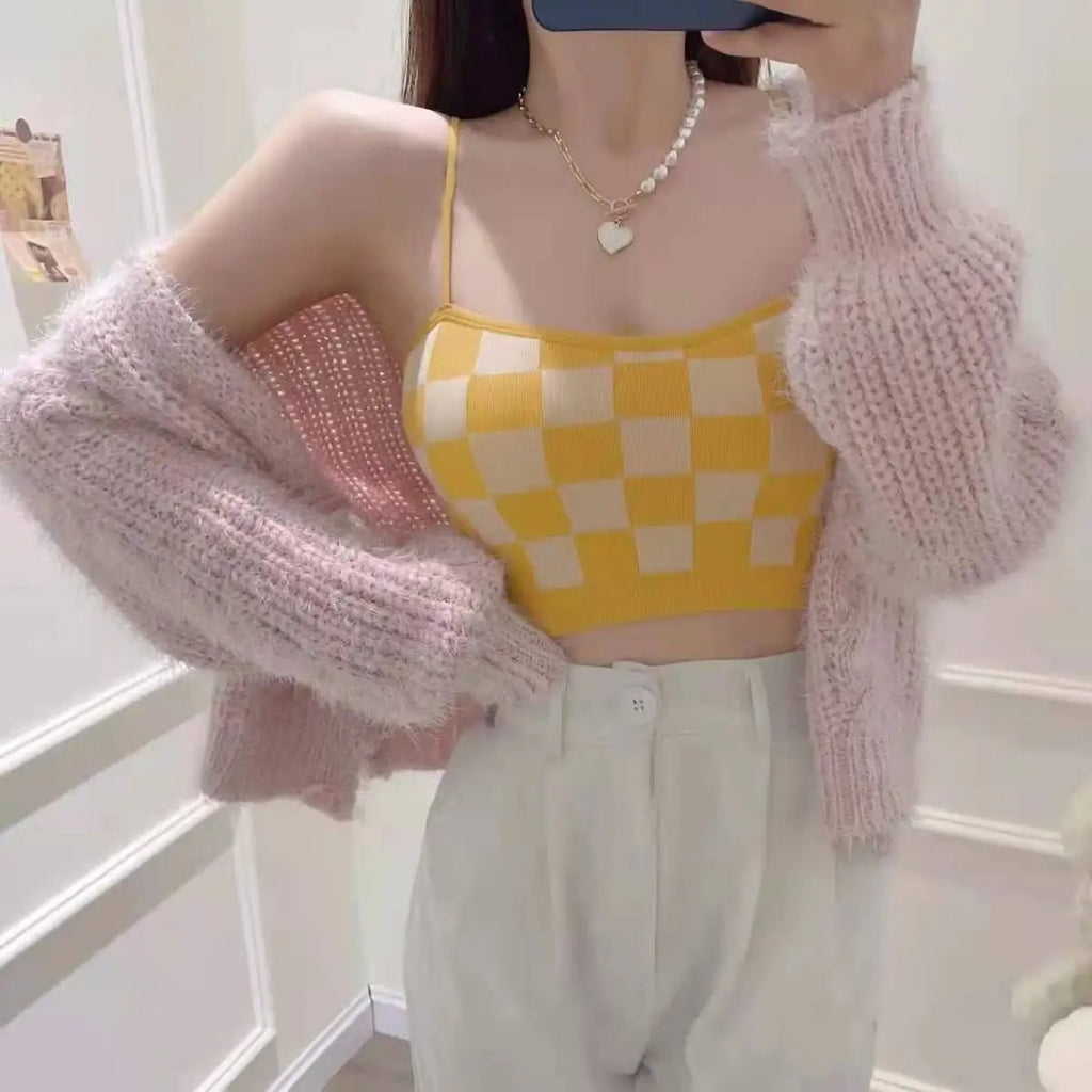 Women Summer Shoulder Vest Plaid Strap Tops Short Style Clothes Ladies Bra Seamless Crop Tops Casual Vest - Cozy & Co. Market
