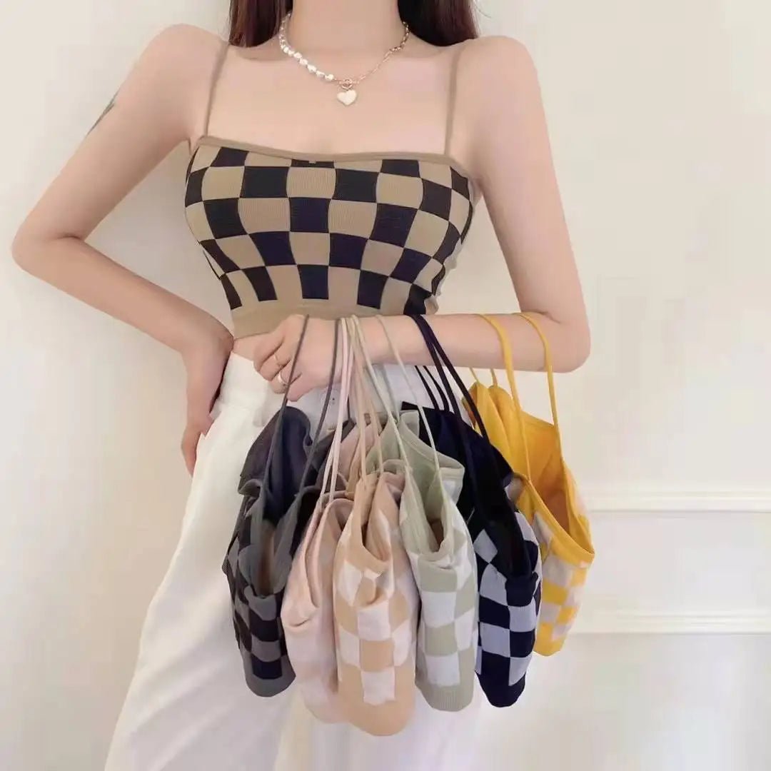 Women Summer Shoulder Vest Plaid Strap Tops Short Style Clothes Ladies Bra Seamless Crop Tops Casual Vest - Cozy & Co. Market