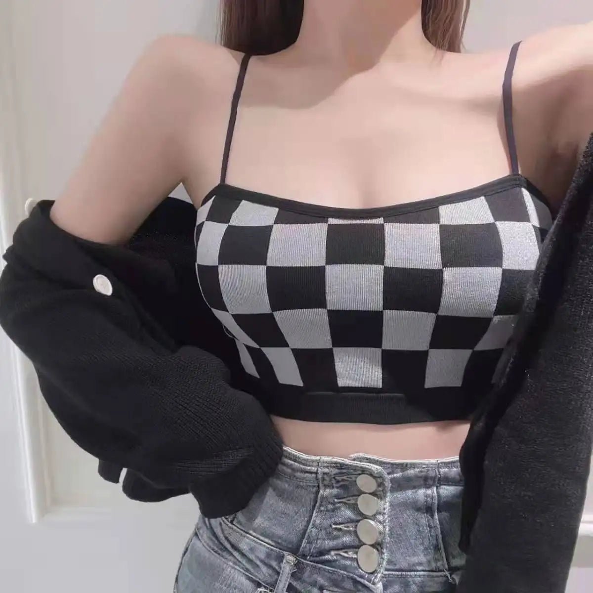 Women Summer Shoulder Vest Plaid Strap Tops Short Style Clothes Ladies Bra Seamless Crop Tops Casual Vest - Cozy & Co. Market