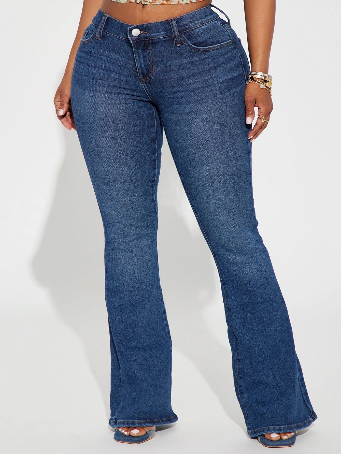 Women's Dark Blue Vintage Jeans High Waist Wide Leg Flared Pants Slim Flare Casual Style Denim Button for Spring Plus Size - Cozy & Co. Market