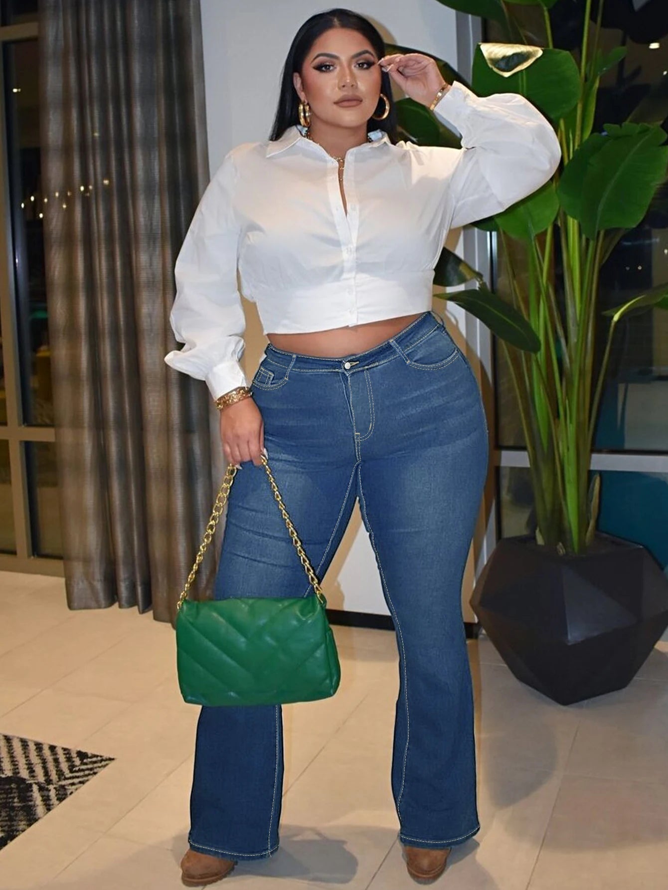 Women's Dark Blue Vintage Jeans High Waist Wide Leg Flared Pants Slim Flare Casual Style Denim Button for Spring Plus Size - Cozy & Co. Market