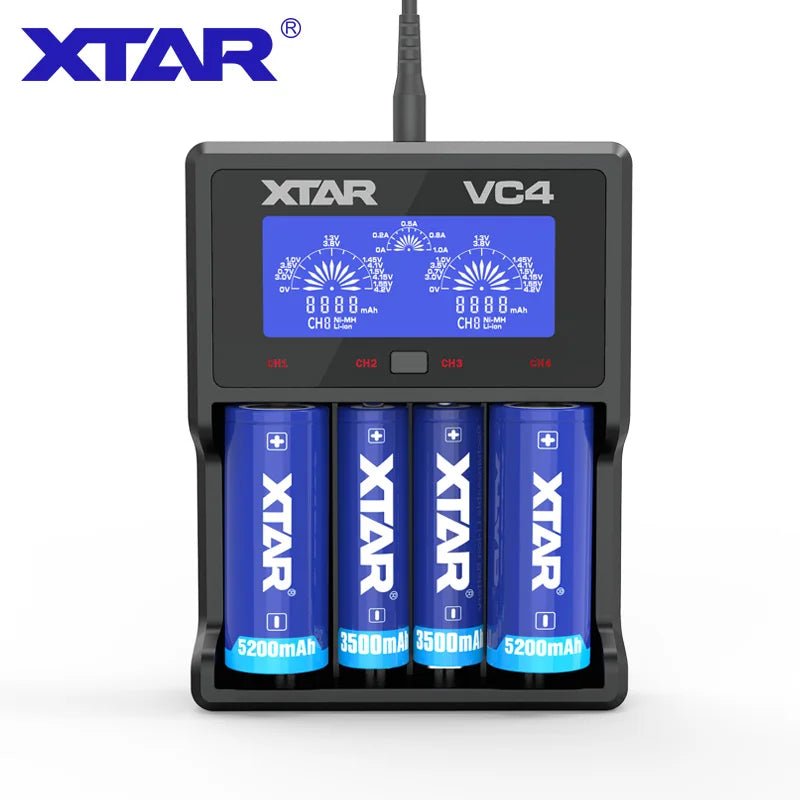 XTAR VC4 4 Slots 5V 2.1A LCD Display DC USB Input AA AAA Nimh D Size and Li-ion 18650 26650 Rechargeable Battery Charger - Cozy & Co. Market