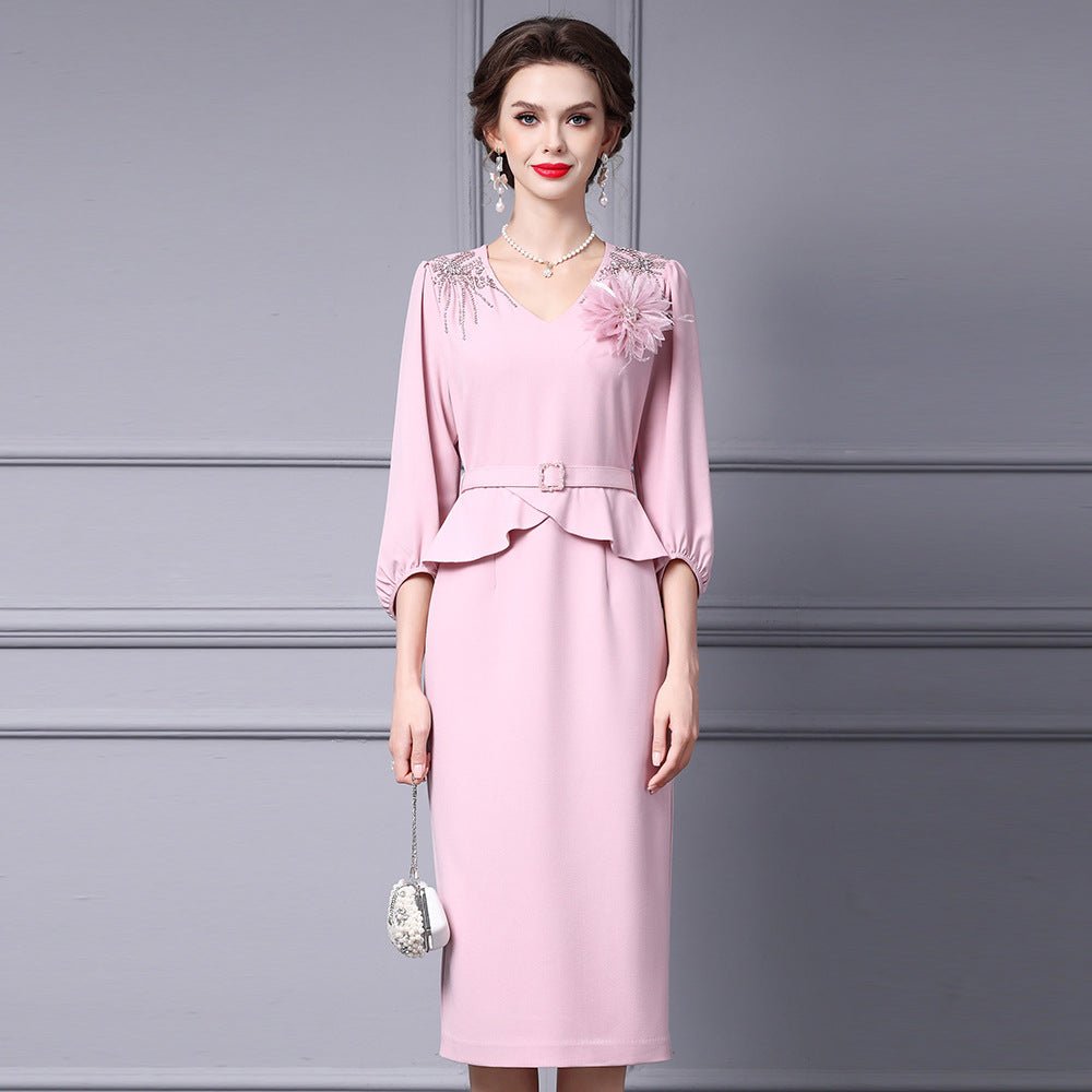 Zhili 2026 Women's New Spring Dress, Super Stylish with Hand-Applied Rhinestones, High-End Feel, Slim-Fit Mid-Length Dress - Cozy & Co. Market