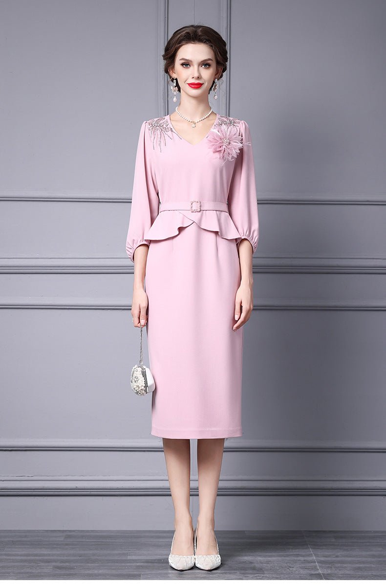 Zhili 2026 Women's New Spring Dress, Super Stylish with Hand-Applied Rhinestones, High-End Feel, Slim-Fit Mid-Length Dress - Cozy & Co. Market