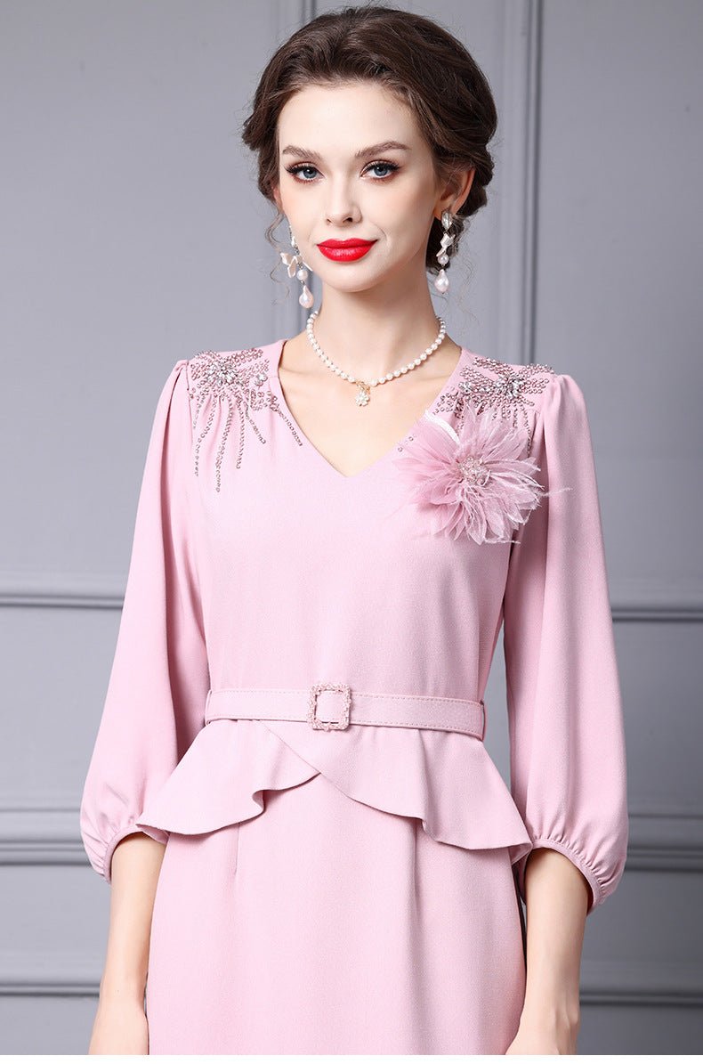 Zhili 2026 Women's New Spring Dress, Super Stylish with Hand-Applied Rhinestones, High-End Feel, Slim-Fit Mid-Length Dress - Cozy & Co. Market