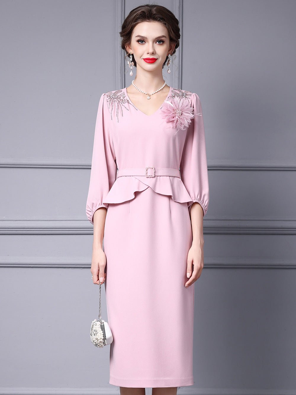 Zhili 2026 Women's New Spring Dress, Super Stylish with Hand-Applied Rhinestones, High-End Feel, Slim-Fit Mid-Length Dress - Cozy & Co. Market