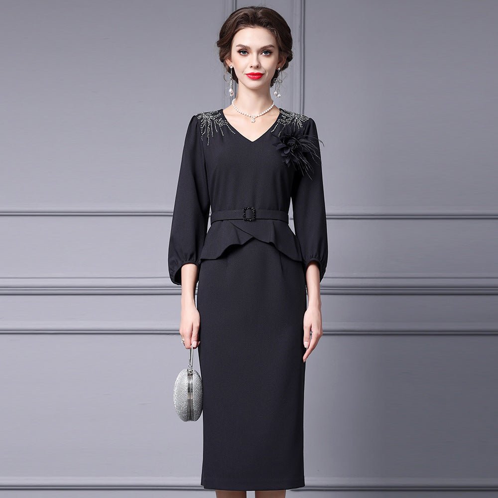 Zhili 2026 Women's New Spring Dress, Super Stylish with Hand-Applied Rhinestones, High-End Feel, Slim-Fit Mid-Length Dress - Cozy & Co. Market