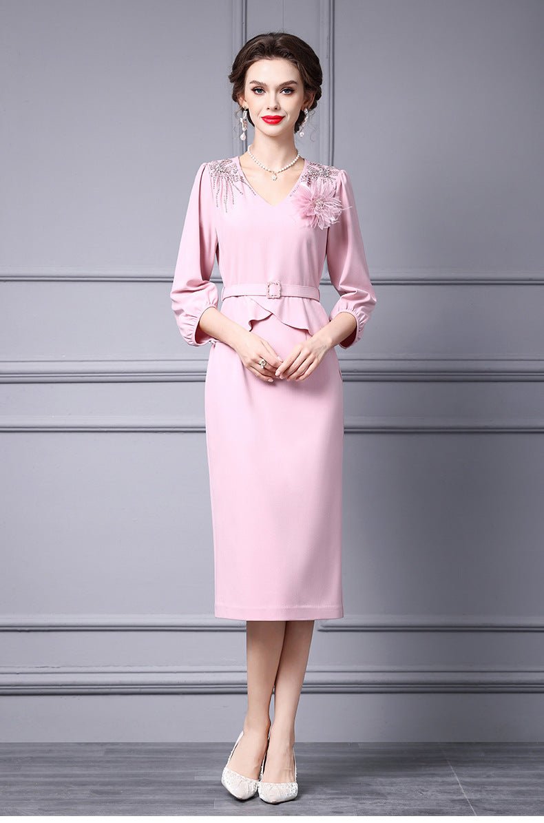 Zhili 2026 Women's New Spring Dress, Super Stylish with Hand-Applied Rhinestones, High-End Feel, Slim-Fit Mid-Length Dress - Cozy & Co. Market