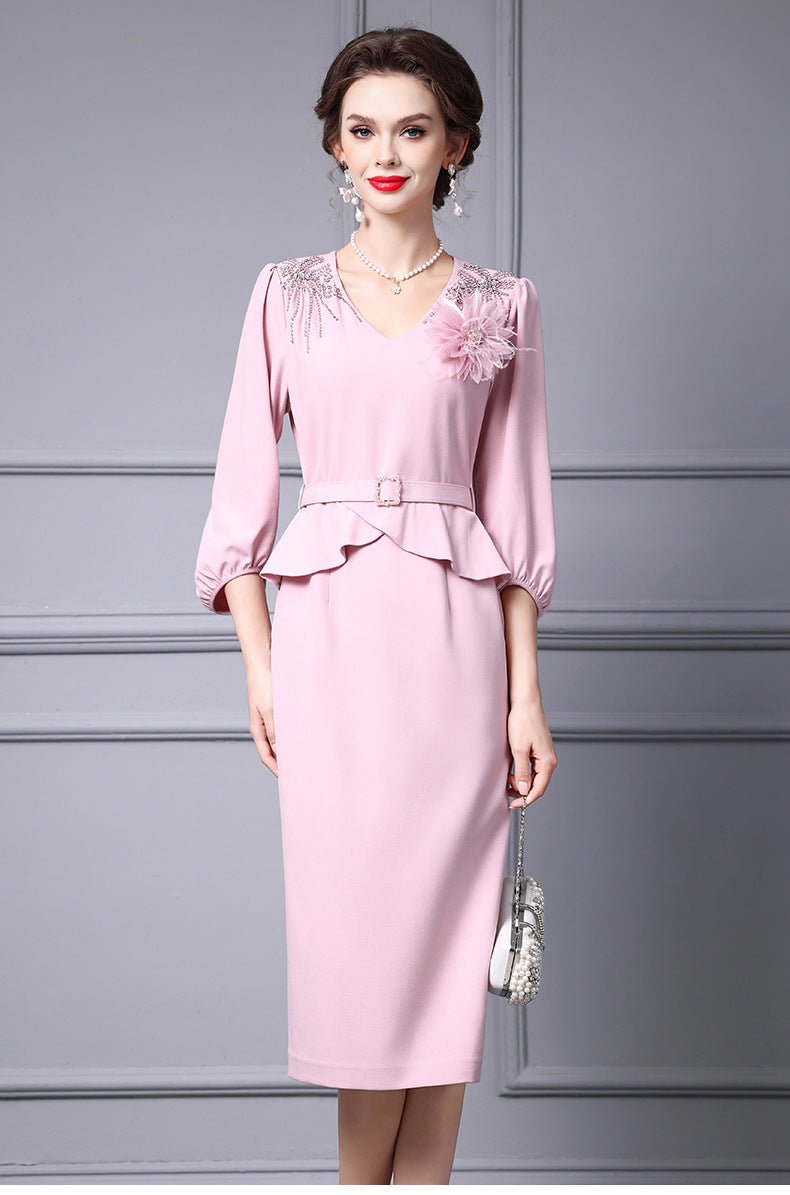 Zhili 2026 Women's New Spring Dress, Super Stylish with Hand-Applied Rhinestones, High-End Feel, Slim-Fit Mid-Length Dress - Cozy & Co. Market