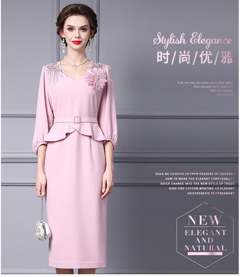 Zhili 2026 Women's New Spring Dress, Super Stylish with Hand-Applied Rhinestones, High-End Feel, Slim-Fit Mid-Length Dress - Cozy & Co. Market