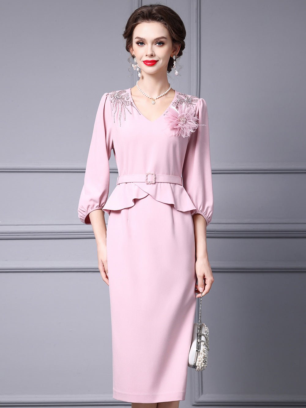 Zhili 2026 Women's New Spring Dress, Super Stylish with Hand-Applied Rhinestones, High-End Feel, Slim-Fit Mid-Length Dress - Cozy & Co. Market