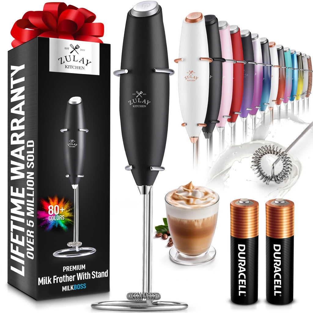 Zulay Kitchen Powerful Milk Frother Wand With 2 Duracell Batteries - Ultra Fast Handheld Drink Mixer - Electric Whisk Foam Maker for Coffee Lattes Cappuccino Matcha Hot Chocolate & Creamer - Black - Cozy & Co. Market