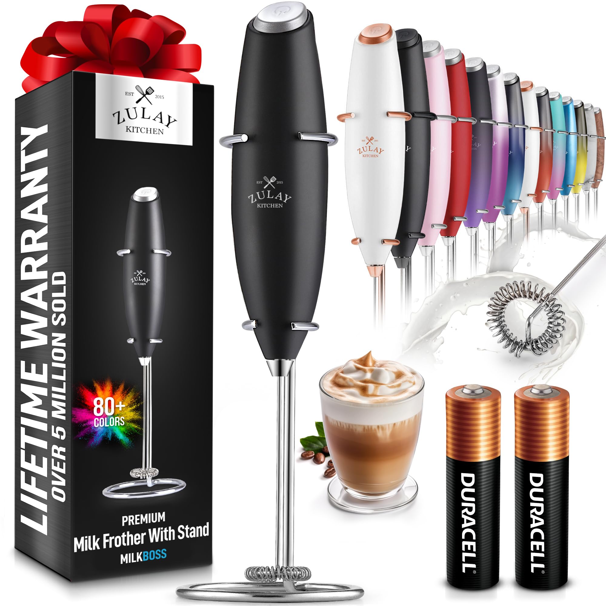 Zulay Kitchen Powerful Milk Frother Wand With 2 Duracell Batteries - Ultra Fast Handheld Drink Mixer - Electric Whisk Foam Maker for Coffee Lattes Cappuccino Matcha Hot Chocolate & Creamer - Black - Cozy & Co. Market